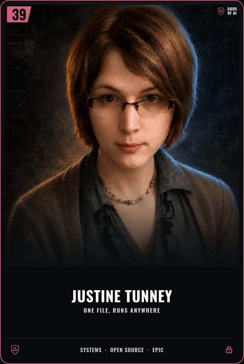 Justine Tunney trading card, front