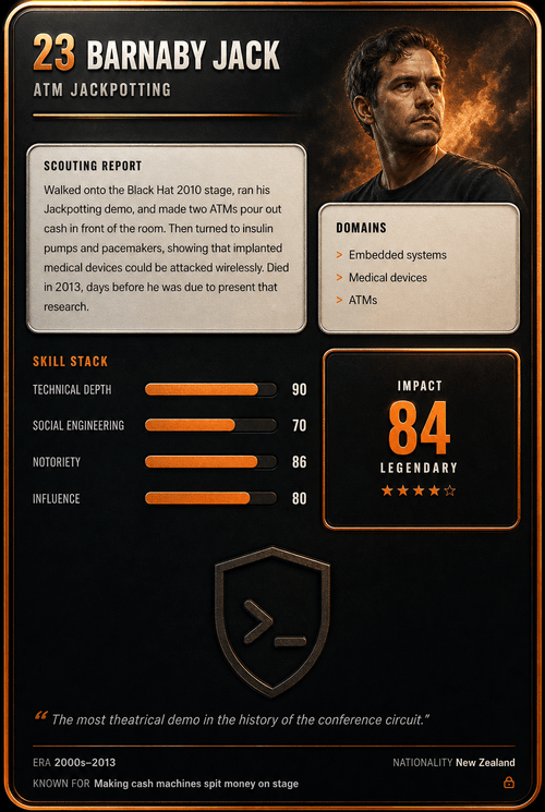 Barnaby Jack trading card, back