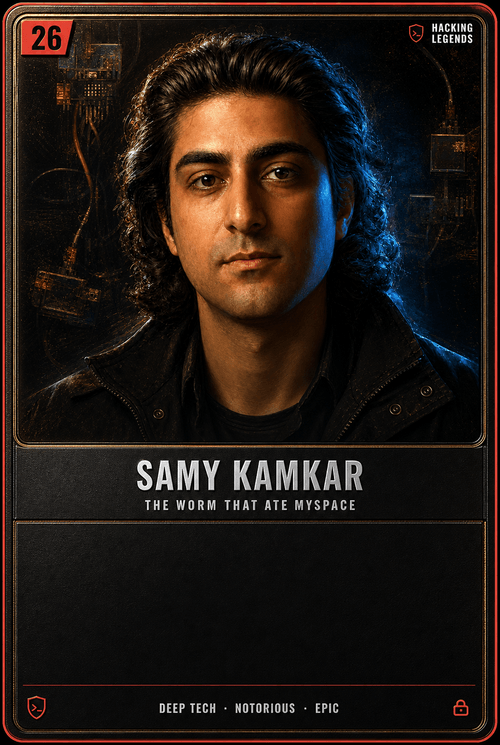 Samy Kamkar trading card, front
