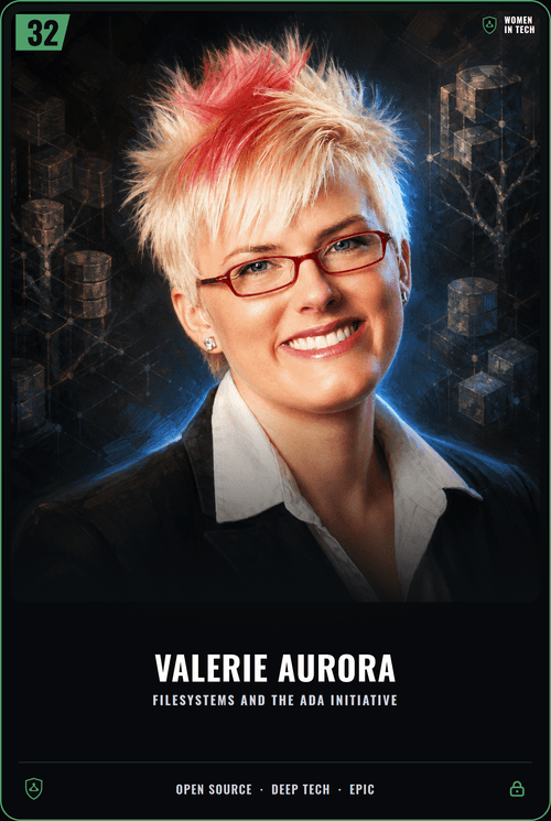 Valerie Aurora trading card, front