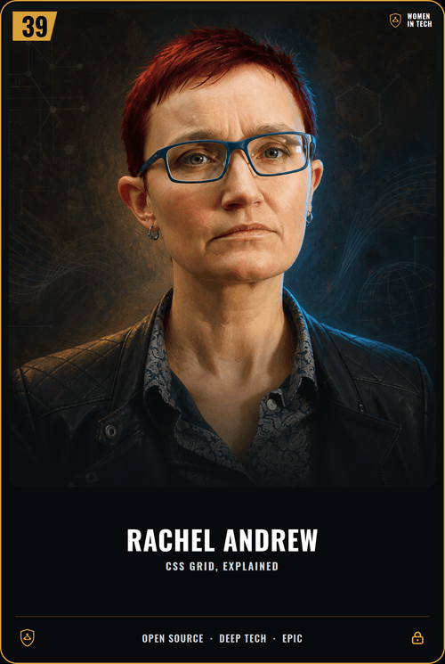 Rachel Andrew trading card, front