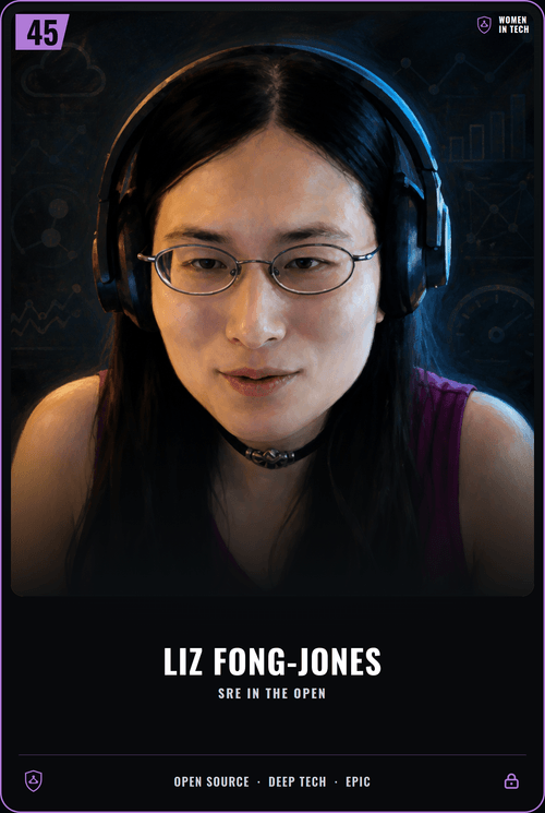 Liz Fong-Jones trading card, front