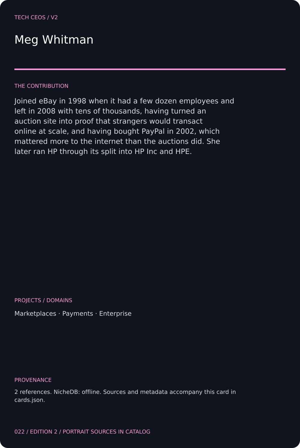 Meg Whitman trading card, back