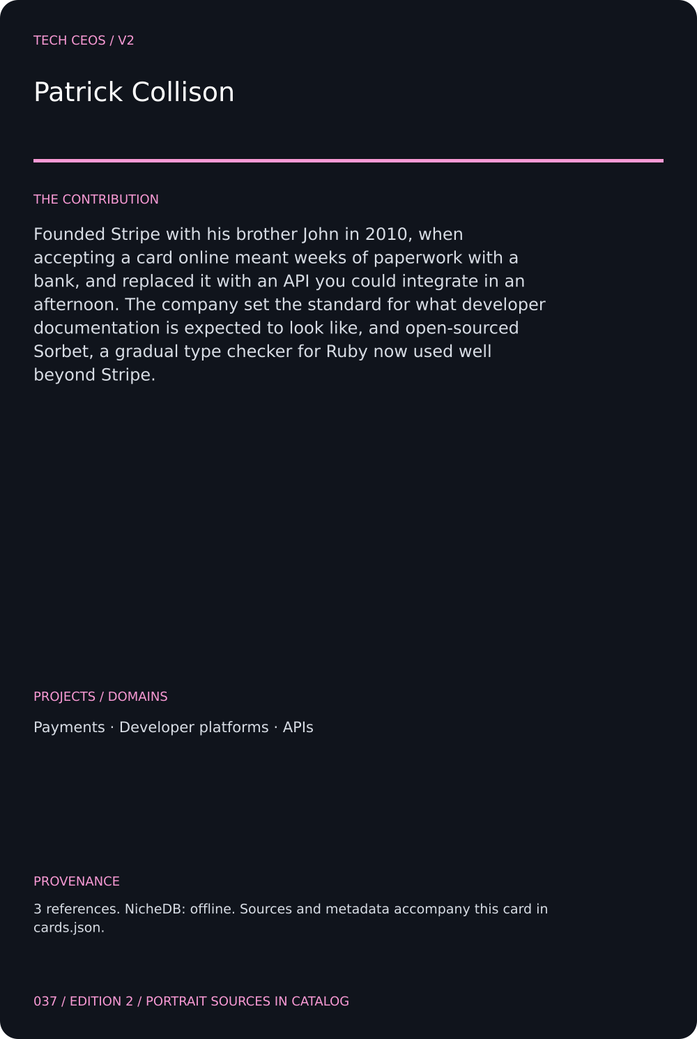 Patrick Collison trading card, back