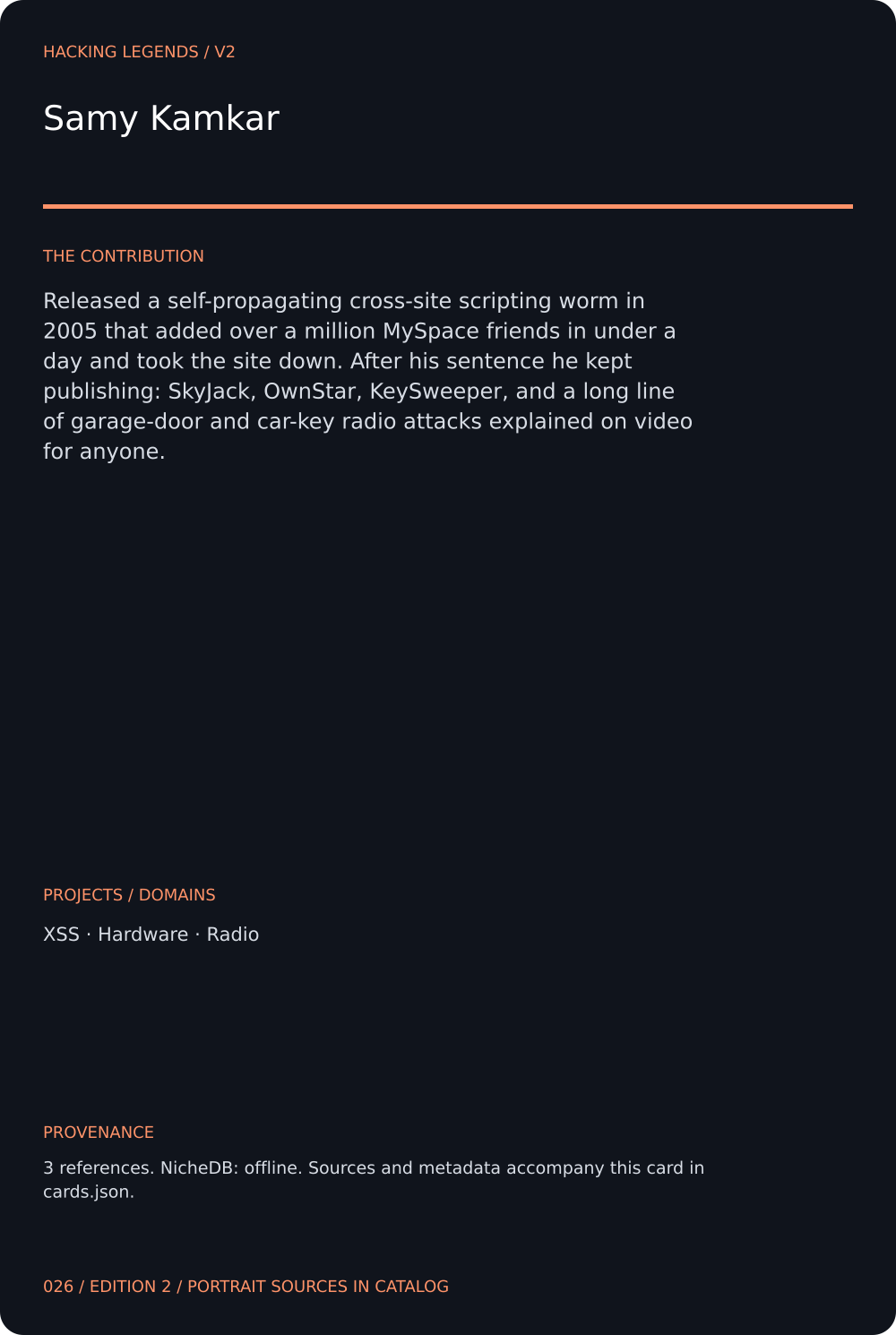 Samy Kamkar trading card, back