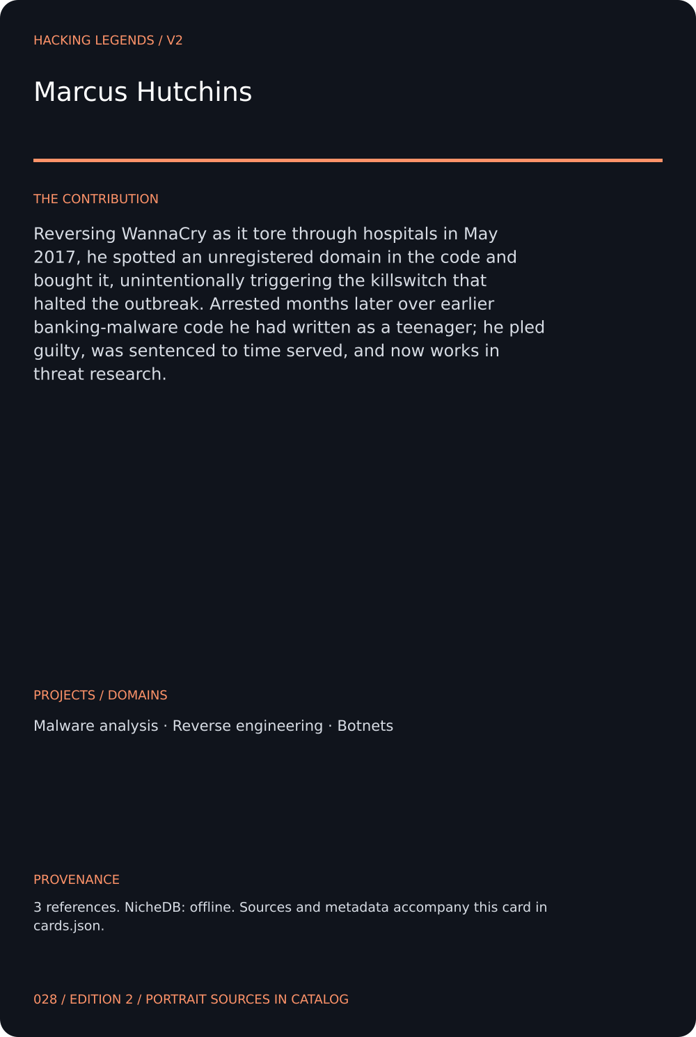 Marcus Hutchins trading card, back