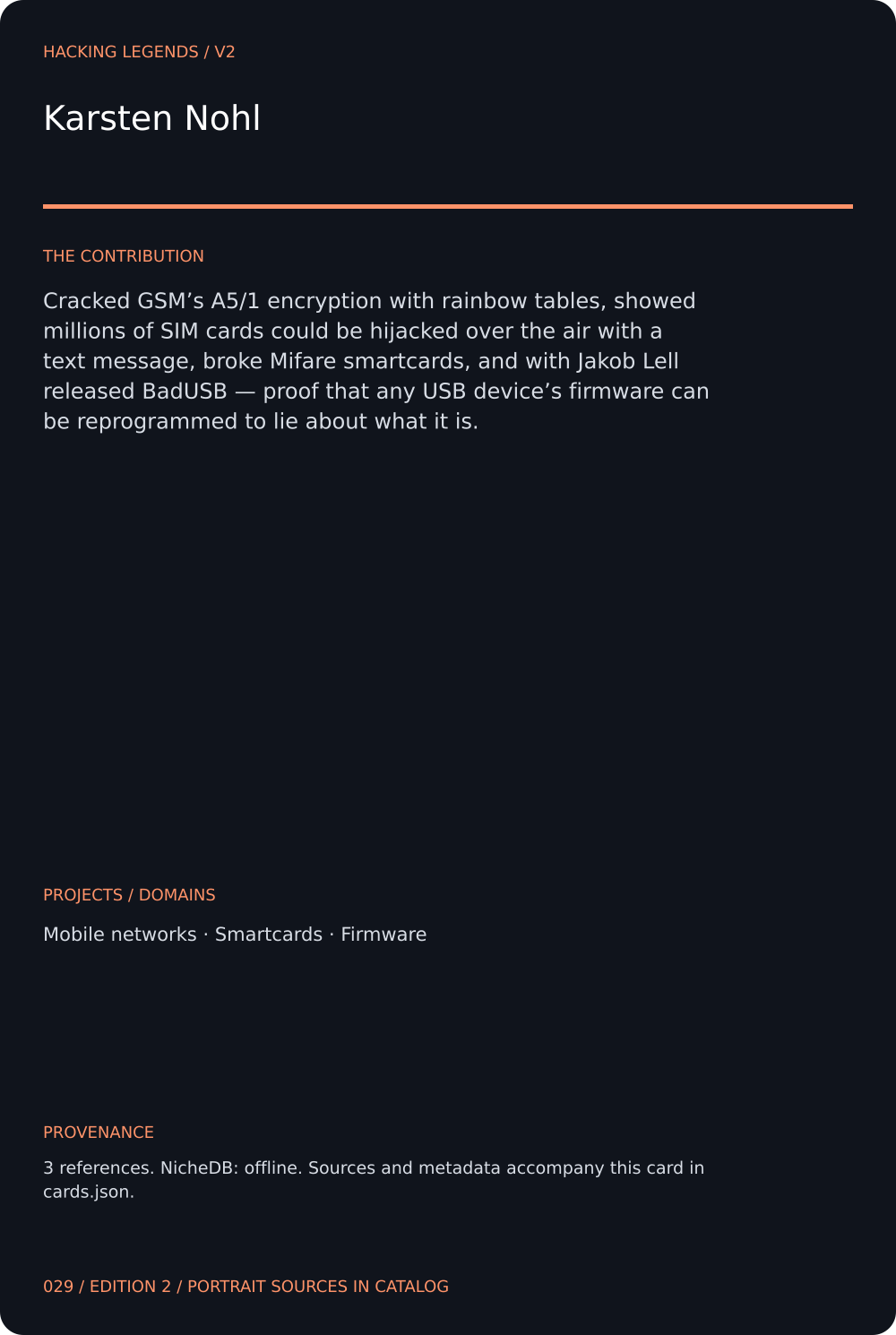 Karsten Nohl trading card, back