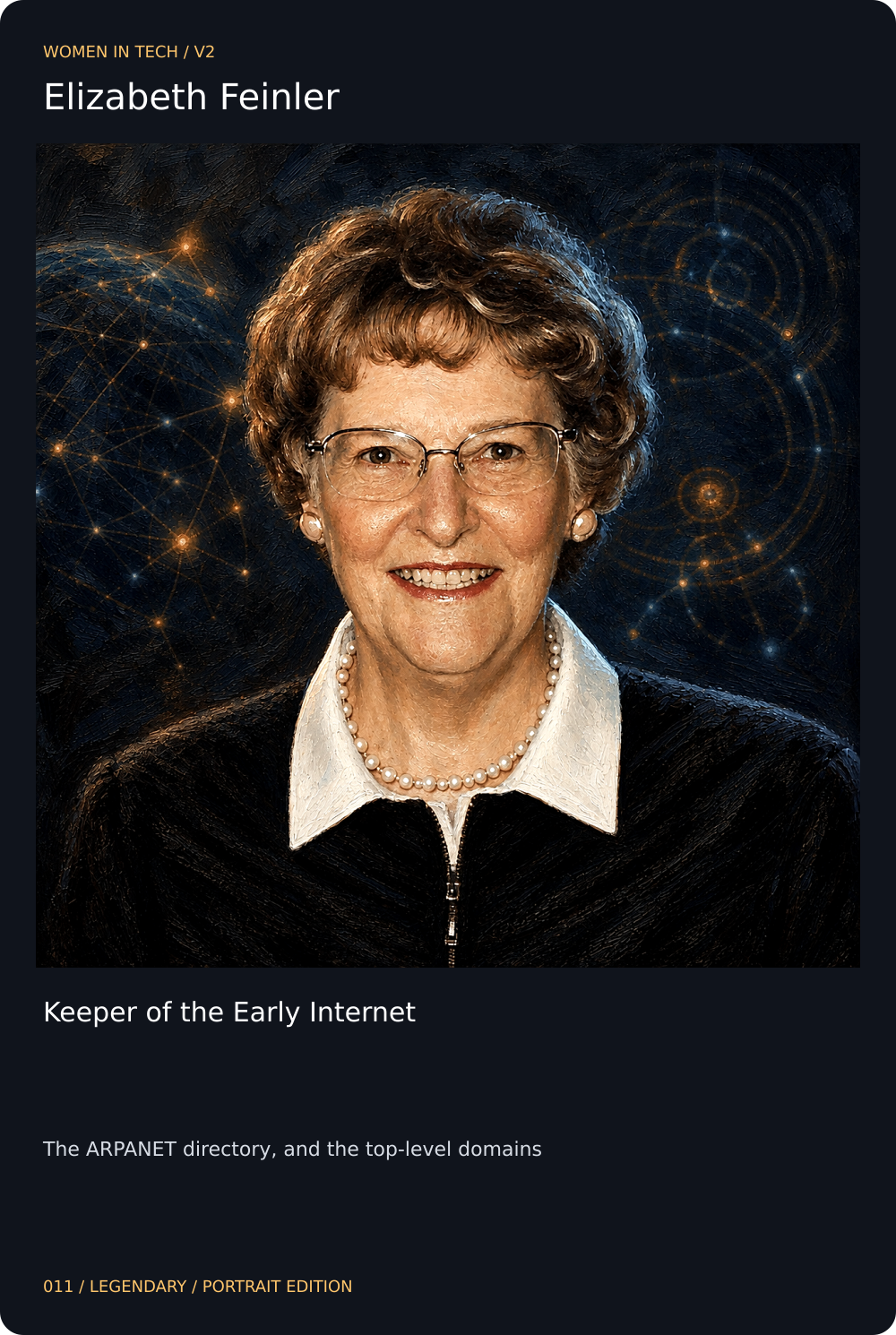 Elizabeth Feinler trading card, front