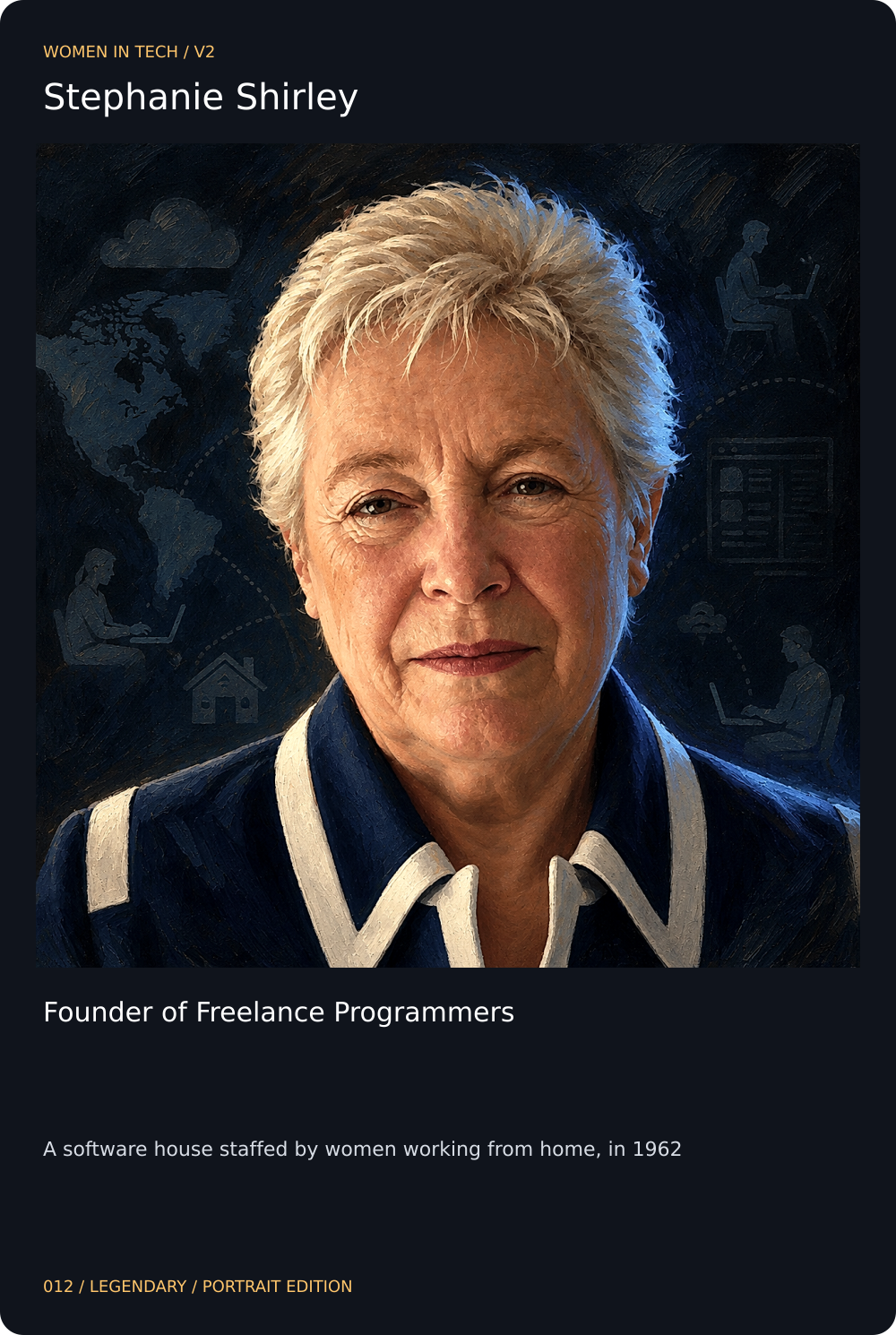 Stephanie Shirley trading card, front