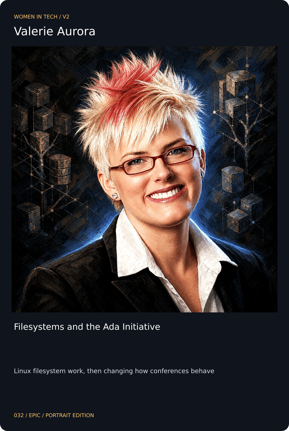 Valerie Aurora trading card, front
