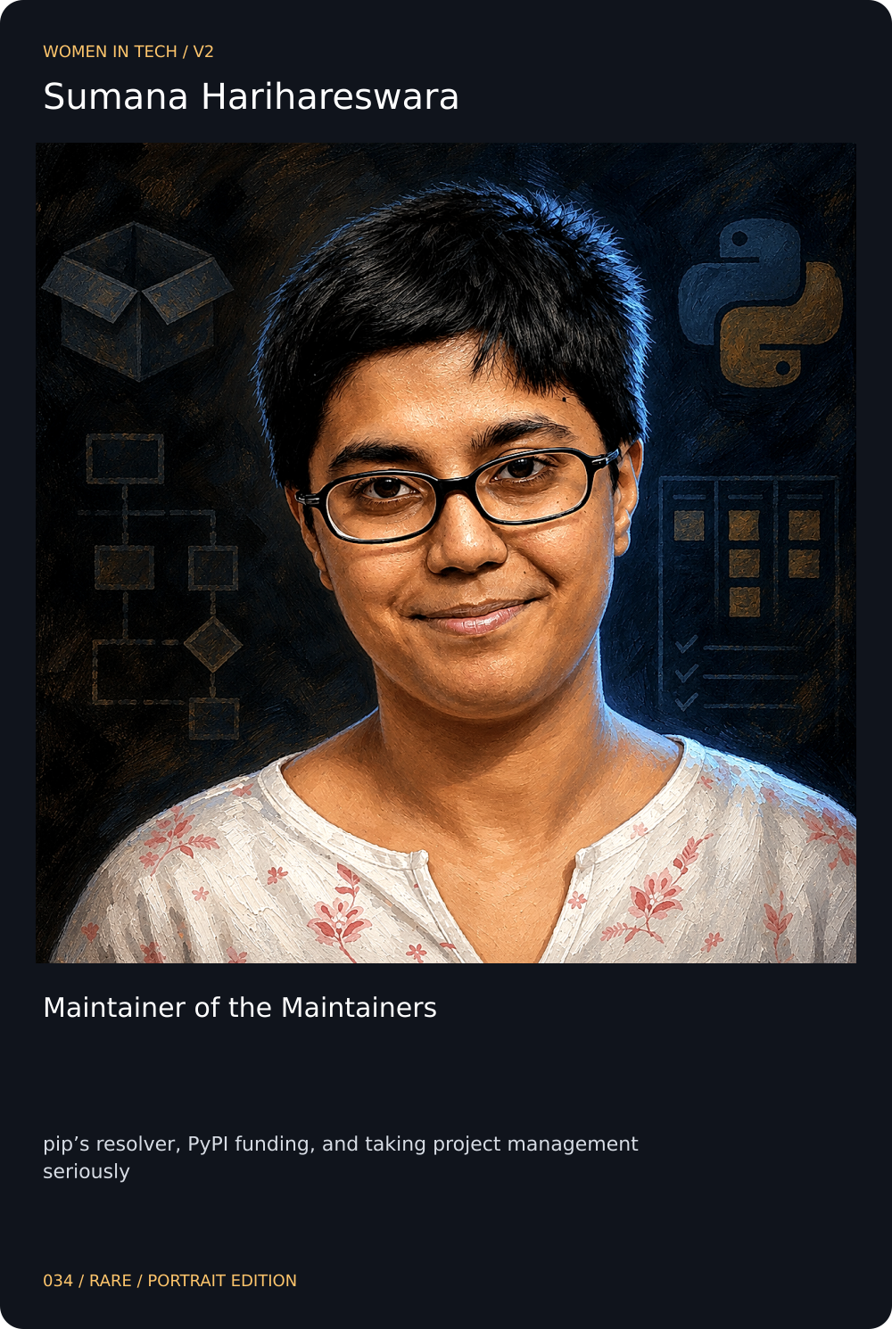 Sumana Harihareswara trading card, front