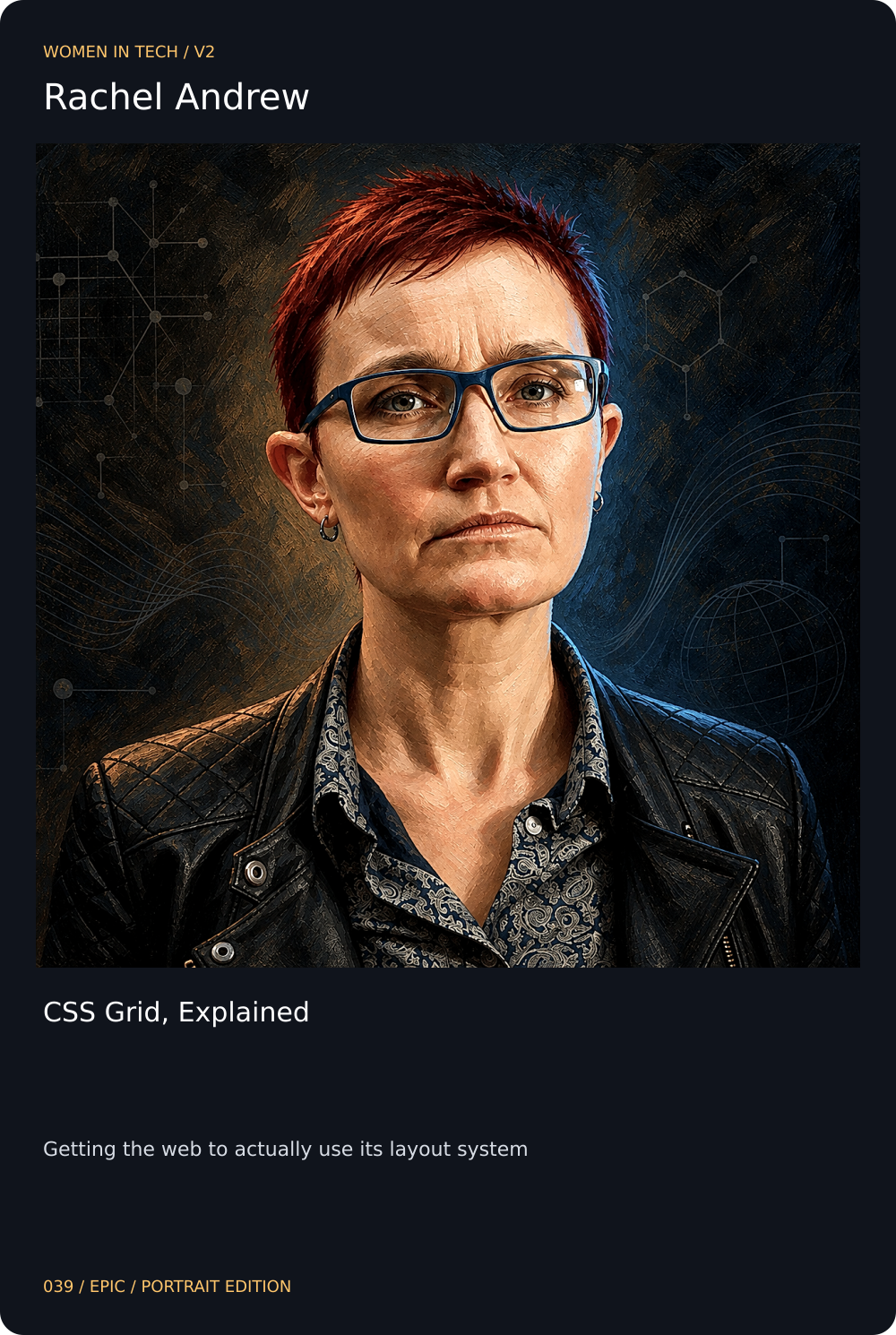 Rachel Andrew trading card, front