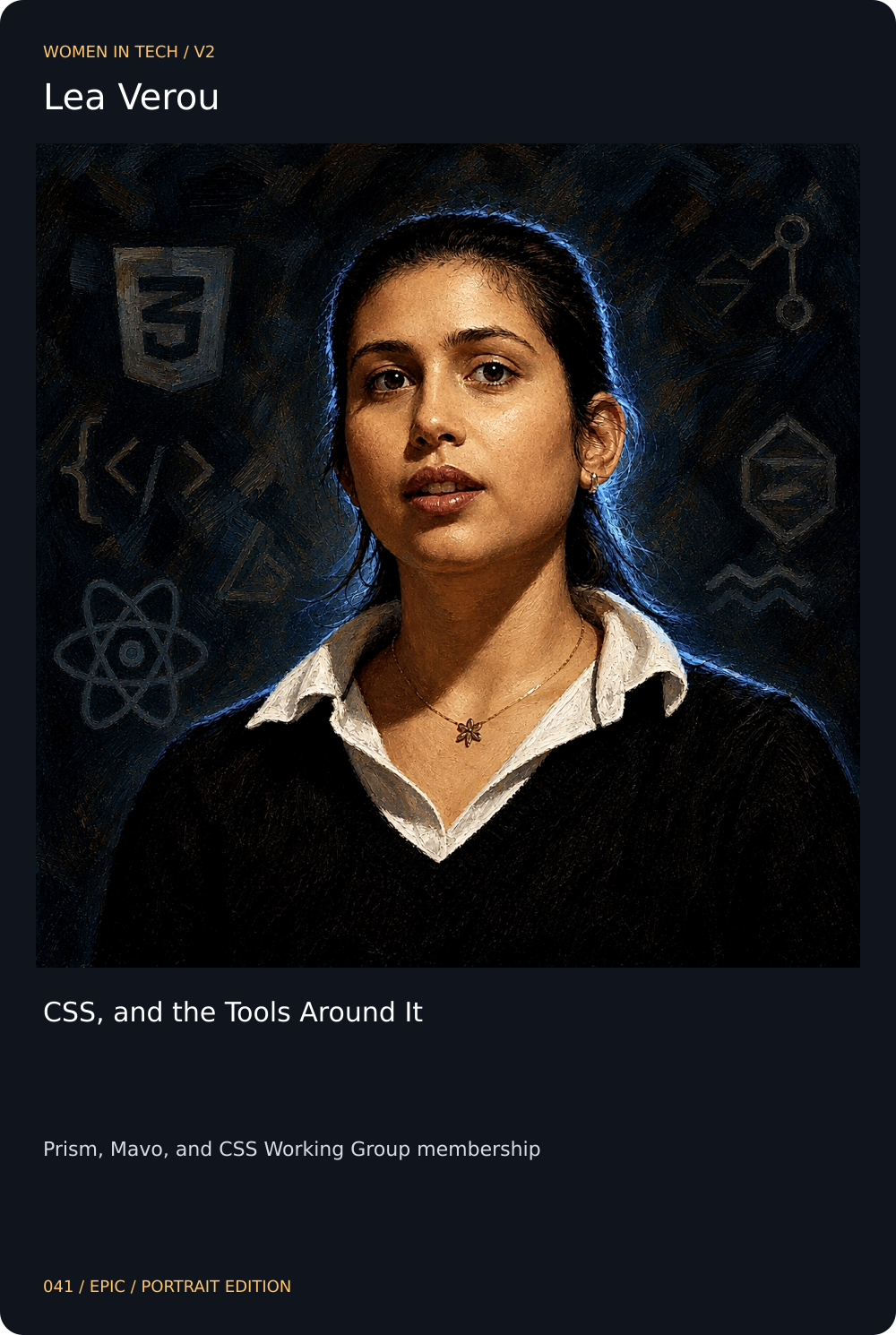 Lea Verou trading card, front