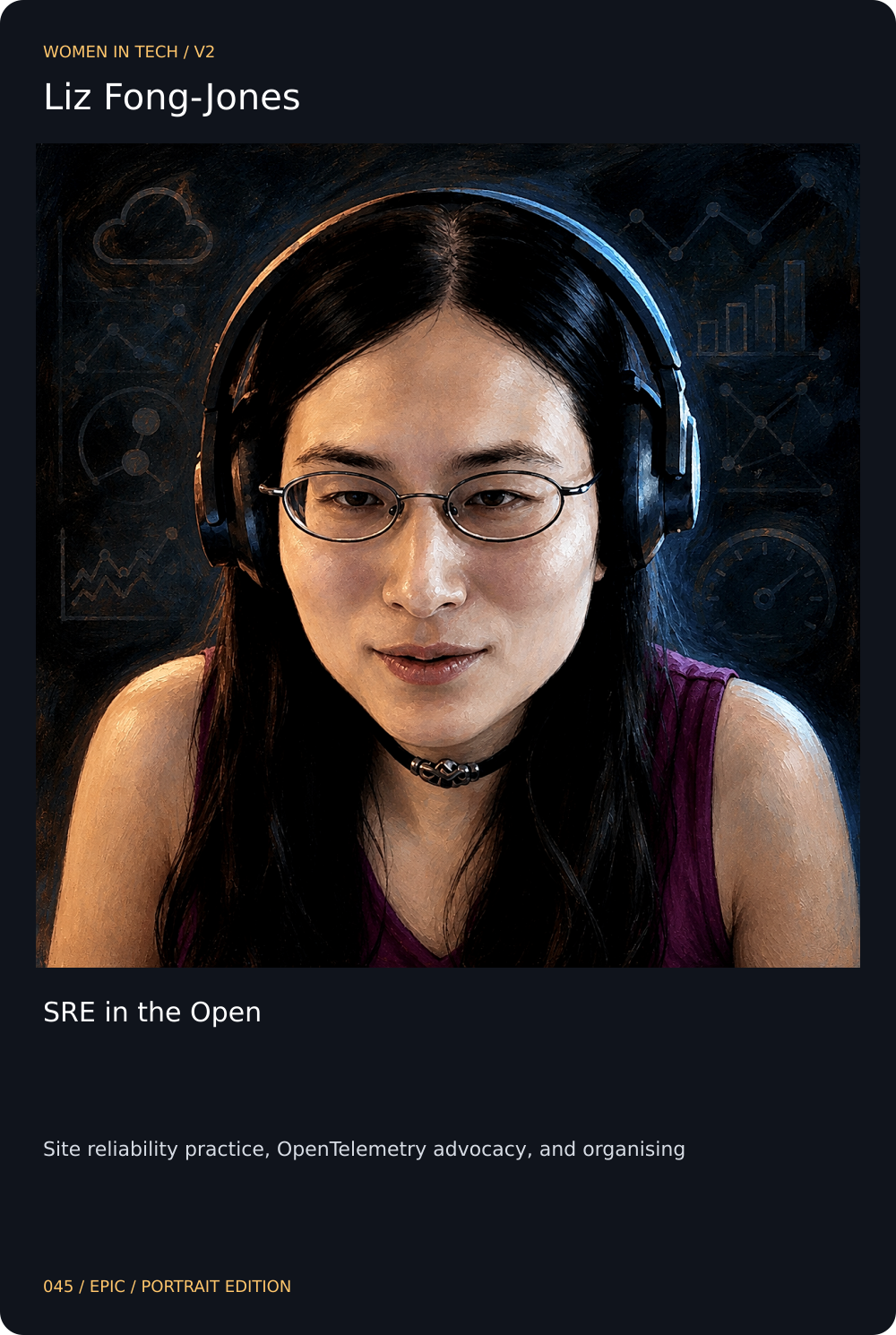 Liz Fong-Jones trading card, front