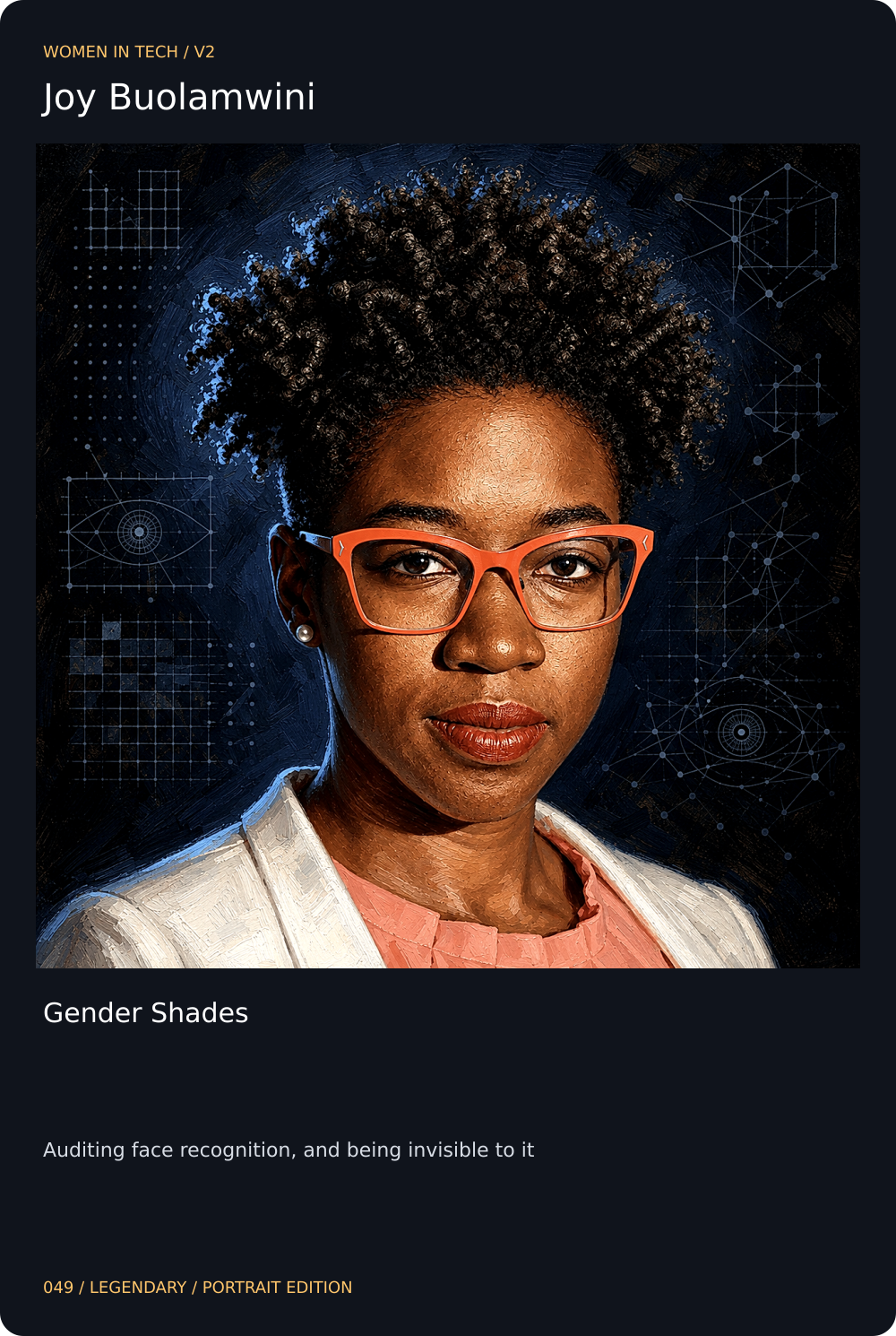 Joy Buolamwini trading card, front